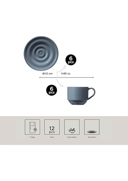 Porselen New Tuvana 6 Kişilik 12 Parça Kahve Takımı Gri, Standart, 82 ml fiyatları