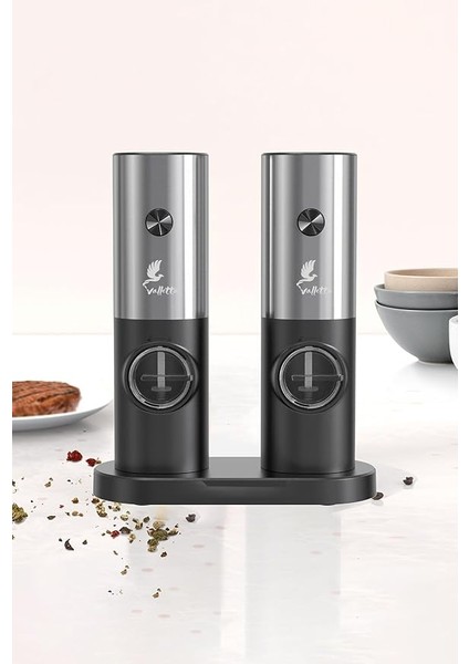 Olinda 2'li Standlı Pilli Tuz Karabiber Değirmeni Otomatik Baharat Öğütücü Siyah