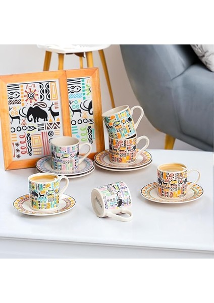 TE-207 Natura Fincan Takımı-Desenli Porselen Fincan Takımı-Türk Kahvesi 6 Kişilik 90 cc