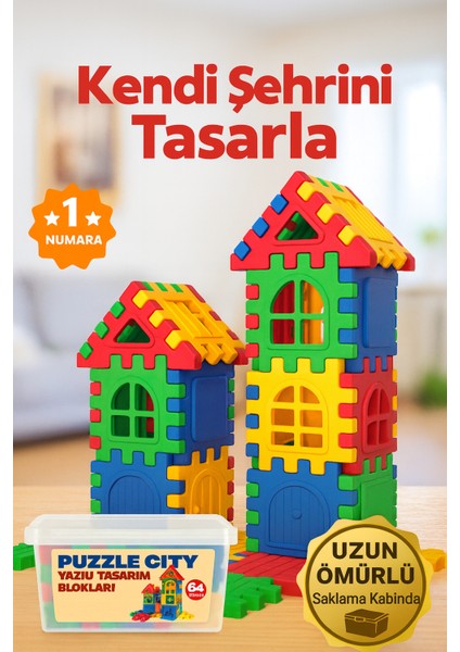 Puzzle City 3D Yapı ve Tasarım Blokları 64 Parça Eğitici Oyuncak