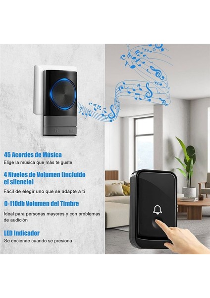 Kablosuz Kapı Zili Su Geçirmez Kapı Zili Kiti 200 Metre Aralık 45 Seçilebilir Melodilerle 4 Hacim Seviyesi Ofis Için Hacim Seviyesi (Yurt Dışından) modelleri