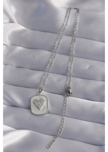 316L Çelik Zincir Mermer Desenli Gümüş Renk Zirkon Taşlı Kalp Model Kolye - TJ-BKO9014