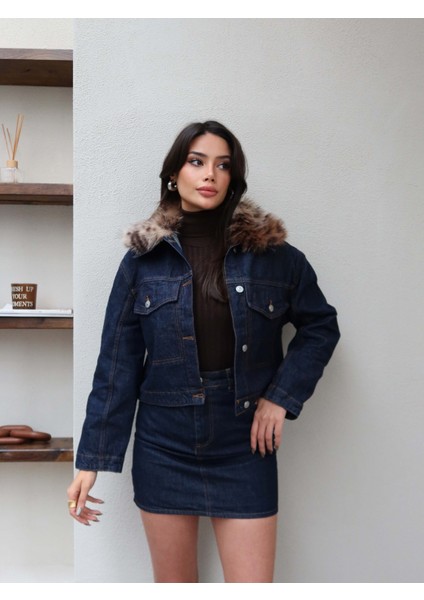Denim Yakası Kürk Ceket