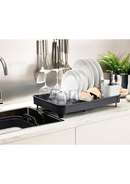Joseph Çıkarılabilir Çatal Bıçak Tutacağı Döner Boşaltma Musluğu ile Genişletilebilir Bulaşık Süzgeci Rafı - Gri fırsatları
