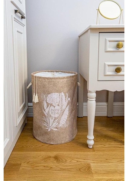 Keçe Torbalı Yuvarlak Çamaşır Sepeti, Düzenleyici Organizer, Krem Renk, 50X35CM