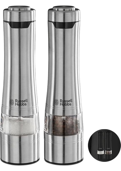 Hobbs Elektrikli Tuz ve Karabiber Öğütücü Seti, Baharat Değirmenleri, Paslanmaz Çelik, Seramik Öğütücü, Öğütme Derecesi Ince ve Iri Ayarlanabilir, LED Aydınlatma, Pilli, Gümüş