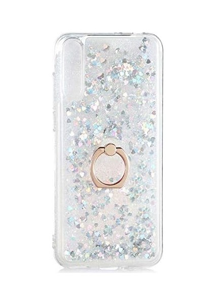 Huawei P Smart S (Y8P) Kılıf Silikon Sıvılı Yüzük Standlı Kapak Gümüş