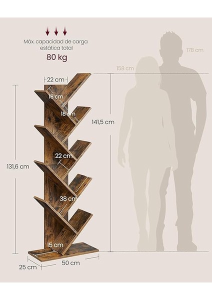 Ağaç Kitap Rafı, 8 Katlı Ayaklı Kitaplık, Oturma Odası, Ev Ofis Için Ahşap Raflı, Rustik Kahverengi LBC11BX modelleri
