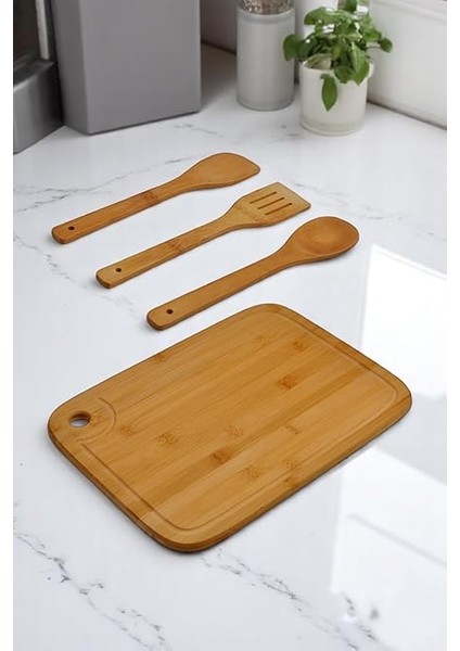 Golden Bambu Serisi Oluklu Antibakteriel Yıkanabilir Bambu 36X26 cm Doğrama Tahtası, Kaşık ve Spatula, Tahta Kevgir, 4'lü Set modelleri