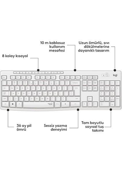 MK295 Sessiz Kablosuz Türkçe Klavye Mouse Seti Beyaz indirimleri