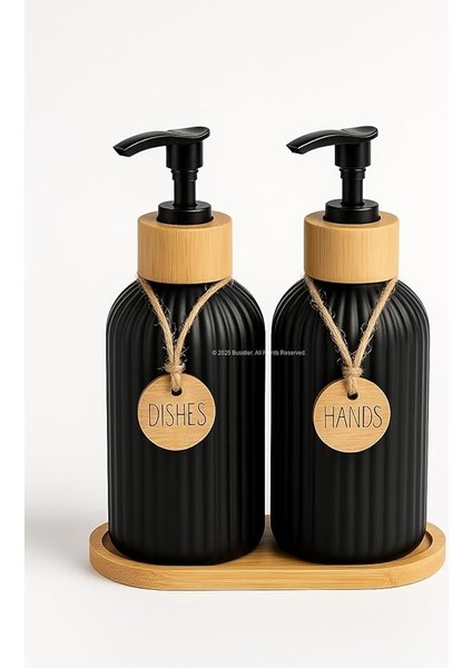 Bulaşık Deterjanlık ve Sabunluk Seti Bambu Tepsili Şık Ikili Set Siyah Beyaz Modern Tasarım Kompozit Malzemeli Mutfak Tezgah Üstü Organizer (Çizgili)