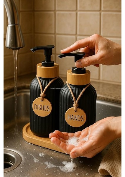 Bulaşık Deterjanlık ve Sabunluk Seti Bambu Tepsili Şık Ikili Set Siyah Beyaz Modern Tasarım Kompozit Malzemeli Mutfak Tezgah Üstü Organizer (Çizgili) indirimleri