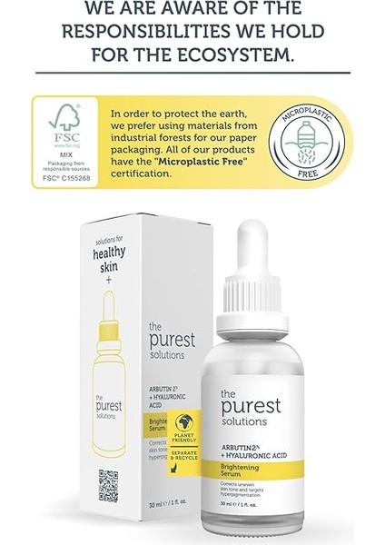 Purest Solutions, Leke Karşıtı ve Leke Görünümü Azaltıcı Arbutin Cilt Bakım Serumu 30 ml (Arbutin%2 + Hyaluronic Acid) indirimleri