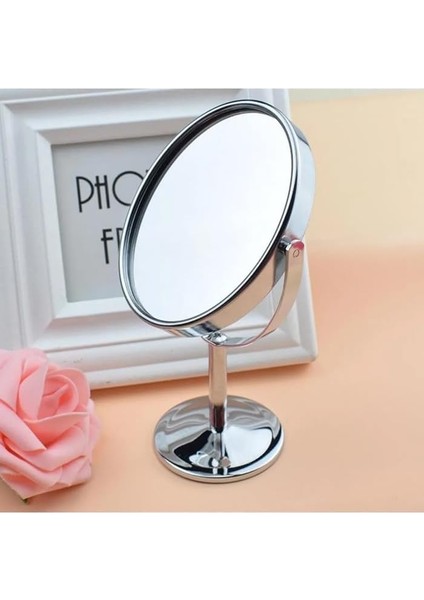 Home Mini Masa Üstü Makyaj Aynası, 360 Derece Dönebilen, Çift Taraflı, Krom Kaplama, Kompakt ve Şık Tasarım (Yuvarlak)