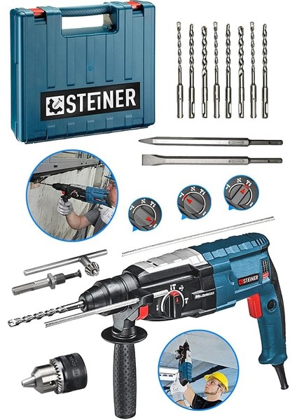 Alman 4000 Watt Profesyonel Kırıcı Delici Hilti Darbeli Matkap Gri + 10 Adet Uç + Mandren