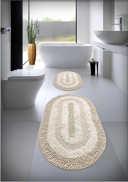 Pamuk El Tafting Banyo Paspas Seti, Banyo Halısı Cottonway 2 Li Set 60X100-60X50 (Bej)