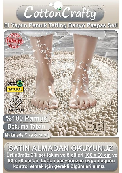 Pamuk El Tafting Banyo Paspas Seti, Banyo Halısı Cottonway 2 Li Set 60X100-60X50 (Bej) modelleri