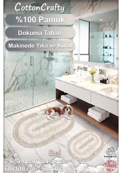 Pamuk El Tafting Banyo Paspas Seti, Banyo Halısı Cottonway 2 Li Set 60X100-60X50 (Bej) fırsatları