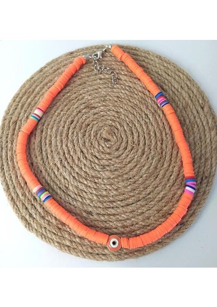 Boncuklu Neon Turuncu Fimo Kolye Bijuteri Takı