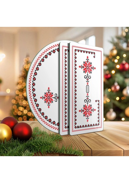 Cam Sunum Servis Tabağı 3'lü Yuvarlak Set Kanaviçe Desenli