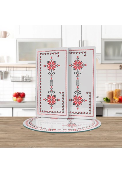 Cam Sunum Servis Tabağı 3'lü Yuvarlak Set Kanaviçe Desenli fiyatları