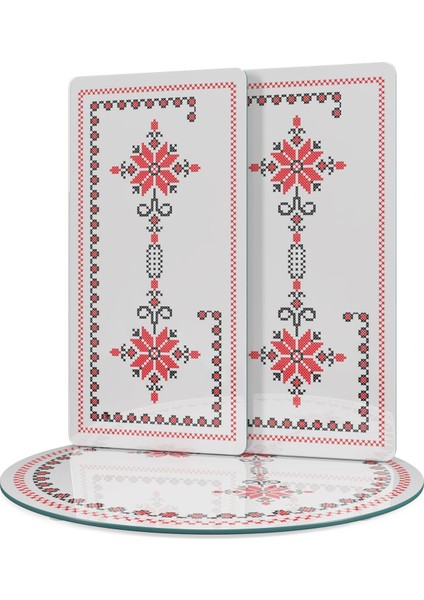 Cam Sunum Servis Tabağı 3'lü Yuvarlak Set Kanaviçe Desenli modelleri