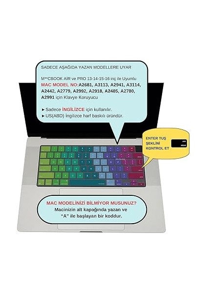 MacBook Klavye Koruyucu Us Ingilizce Amerikan Baskılı Us -Return Enter Tipi Air 13,6-15,3inç- Pro 14,2-16,2inç M1-M2-M3-M4 Pro Max Uyumlu, Silikon Klavye Filmi, Hafif Yıkanabilir Pembe Yeşil fiyatları