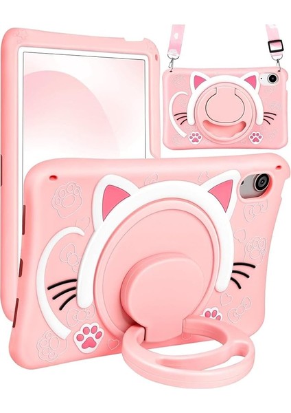 Ipad (A16) 2025 ile Uyumlu Çocuklar ile Uyumlu Askılı Standlı 3D Kedi Figürlü Silikon Kılıf, Pembe