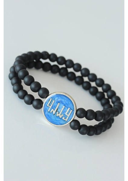 Vav Figürlü Lacivert Metal Aksesuarlı Çift Sıra Oniks Doğal Taş Erkek Bileklik