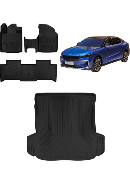 Togg T10F 2025 Siyah 3D Araca Özel Kokusuz Paspas ve Bagaj Havuzu Set Bmy (Rizline Marka)