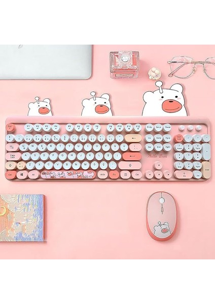 Mofii Ayıcık Desenli Kablosuz Renkli Yuvarlak Tuşlu Klavye Mouse SET-AL4258 (Mavi)