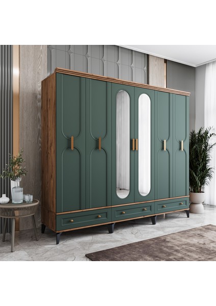 Loren 6 Kapaklı Çekmeceli Gardırop Tamamı Mdf (Yeşil) fiyatları