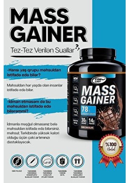 Mass Gainer Çikolata Aromalı Yüksek Karbonhidrat 900 gr Türkiye Menşeli