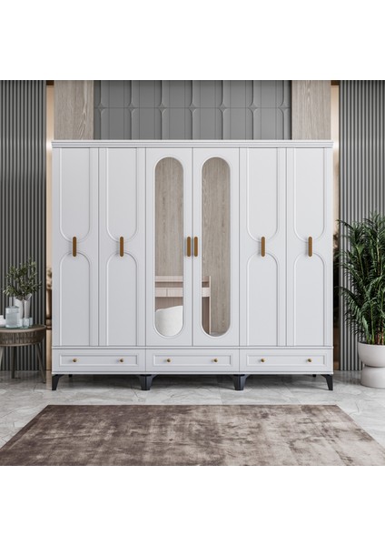Loren 6 Kapaklı Çekmeceli Gardırop Tamamı Mdf (Beyaz)