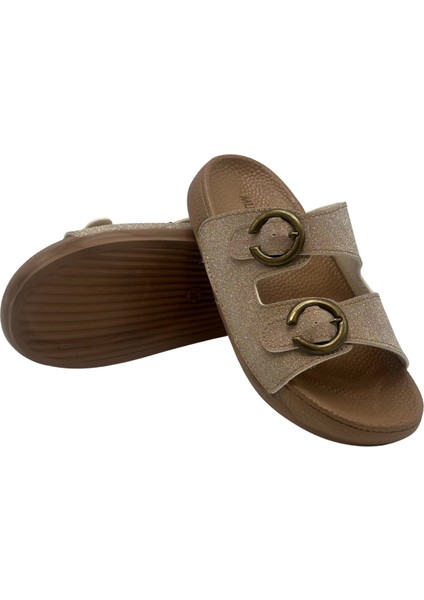 Zenne 11501 Günlük Terlik Beyaz Simli Çift Toka Kutulu Terlik Günlük Terlik