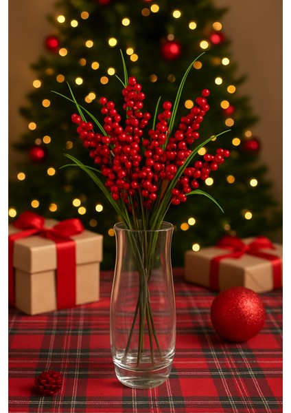 8 Dal Yapay Çiçek Kırmızı Kokina Demeti Kokina Çiçeği Yılbaşı Süsü Yılbaşı Ağacı Süsü Kırmızı Yeşil Lüx