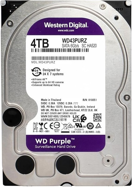 Digital 4tb Wd Mor Gözetim Dahili Sabit Disk HDD - Sata 6 Gb/s, 256 MB Önbellek, 3.5" - WD43PURZ fiyatları