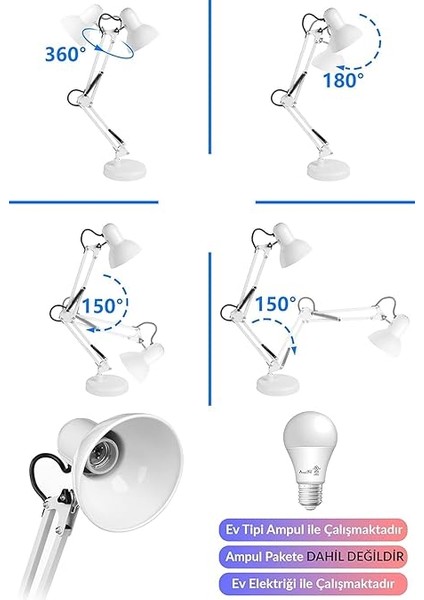 Home Akrobat Tertial Masa Lambası – 360° Hareketli Oynar Başlıklı Metal Gövde, Masa Üstü Çalışma ve Kitap Okuma Lambası, Sağlam Malzeme ile Uzun Ömürlü Aydınlatma-Ev Tipi Ampül (Beyaz) fırsatları