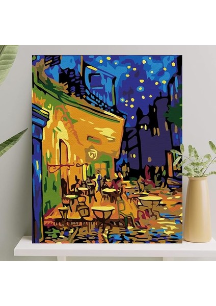 Hobi Sanat Sayılarla Boyama Tuval Seti Fırça Boya Dahil (Çıtalı) 40X50 cm - Cafe Terrace At Night