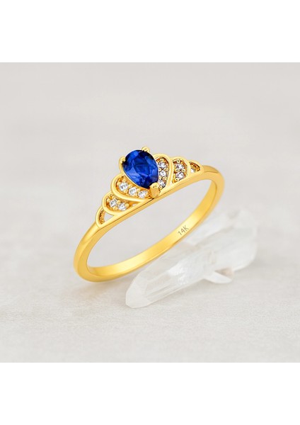 14 Ayar Altın Prenses Tacı Safir Yüzük