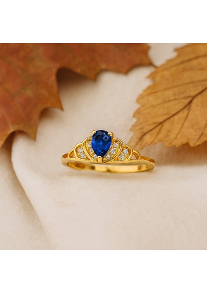 14 Ayar Altın Prenses Tacı Safir Yüzük modelleri
