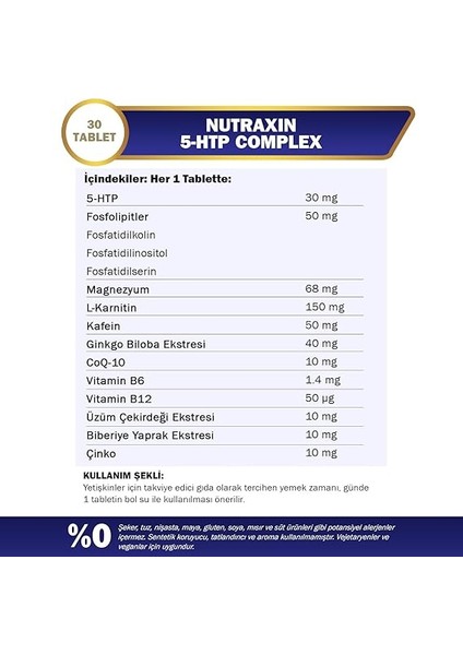 5-Htp Complex 30 Tablet – L-Karnitin, Ginkgo Biloba, Coq-10, Vitamin B6 & B12, Çinko ve Bitkisel Ekstreli Ruhsal ve Zihinsel Destek Takviyesi modelleri