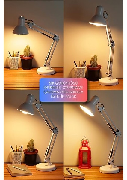 Masa Lambası Akrobat Yaylı Metal 360° Açılı Ayarlanabilir Hareketli Çalışma Masası Lambası (Beyaz) modelleri