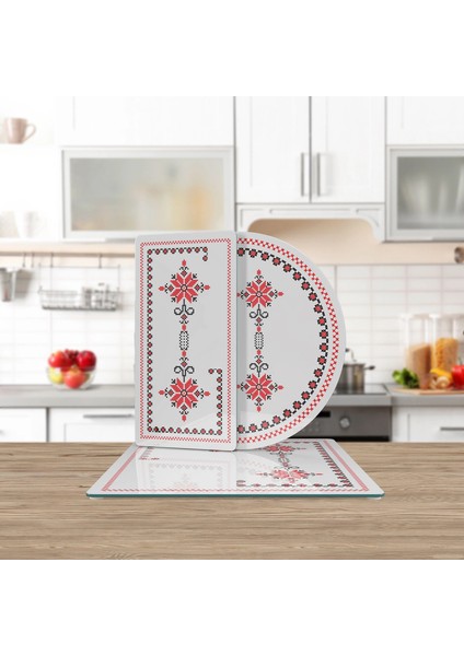 Cam Sunum Servis Tabağı 3'lü Karma Set Kanaviçe Desenli