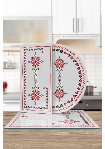 Cam Sunum Servis Tabağı 3'lü Karma Set Kanaviçe Desenli modelleri