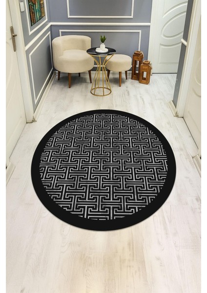 Yuvarlak Dijital Baskı Siyah Modern Desenli Dot Kaymaz Tabanlı Halı H0312