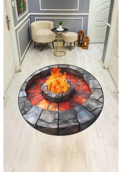 Ateş Çukuru Desenli Yuvarlak Dijital Baskı Kaymaz Tabanlı Halı H0868