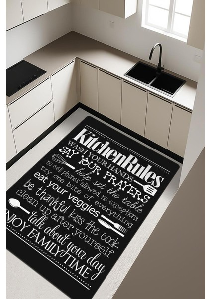 Kitchen Rules Desenli Dijital Baskı Kaymaz Taban Mutfak Halısı H0040