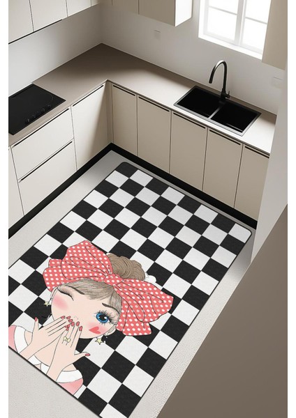 Kız Figürlü Damalı Desenli Dijital Baskı Kaymaz Taban Mutfak Halısı H0044