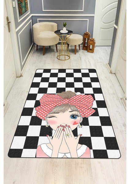 Kız Figürlü Damalı Desenli Dijital Baskı Kaymaz Taban Mutfak Halısı H0044 fiyatları